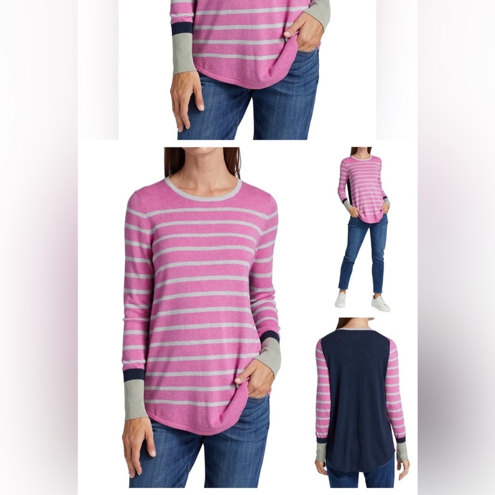 NIC+ZOE Vital Striped Top Sweater Pullover, Pink Navy Grey Size Medium